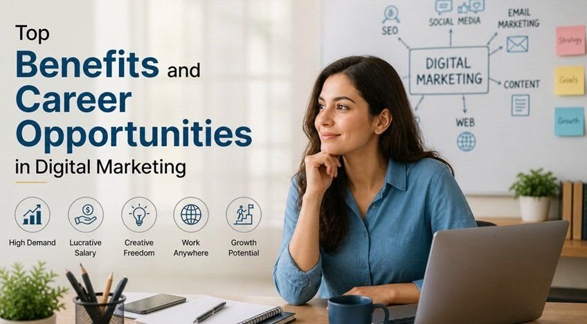Professional workspace with a laptop, notebook, and coffee, featuring digital marketing visuals like analytics charts and social media icons in a clean, modern setting.