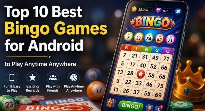 Smartphone displaying a colorful bingo game interface with cards, chips, and numbered balls in a vibrant, modern gaming setup.