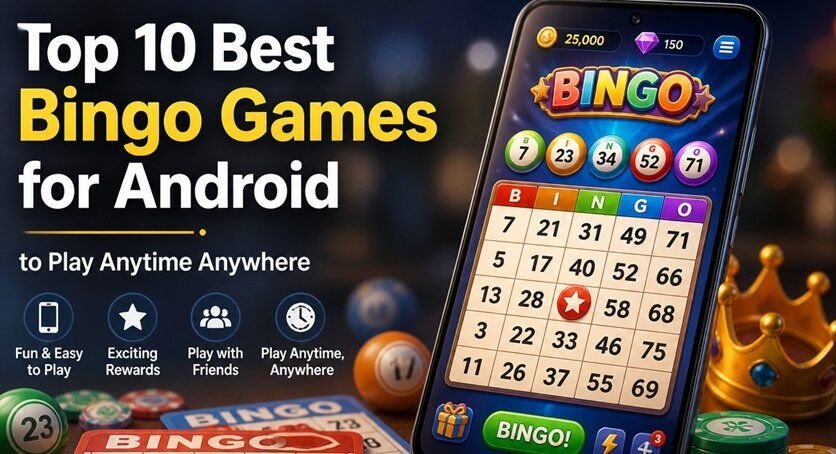 Smartphone displaying a colorful bingo game interface with cards, chips, and numbered balls in a vibrant, modern gaming setup.