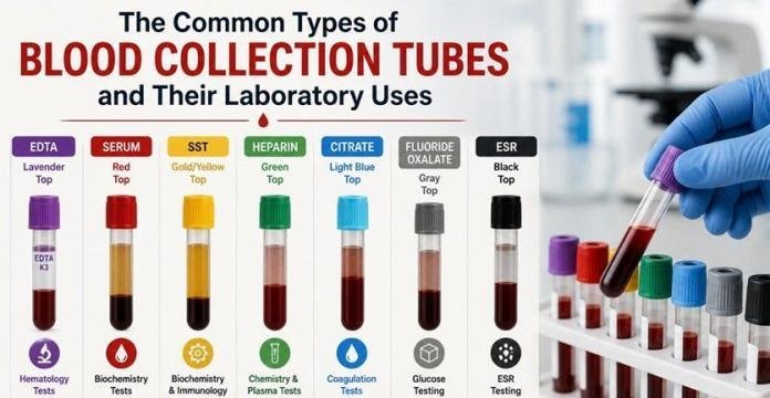 Color-coded blood collection tubes in a laboratory setting, illustrating different vacutainer types and their uses in medical testing and diagnostics