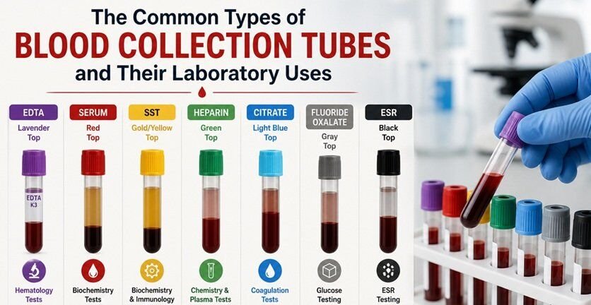 Color-coded blood collection tubes in a laboratory setting, illustrating different vacutainer types and their uses in medical testing and diagnostics