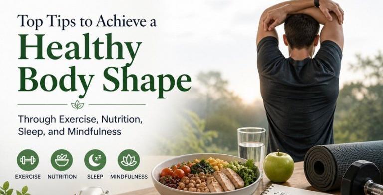Healthy lifestyle setup with a person exercising, nutritious food, yoga mat, and wellness items in a bright, calming environment.