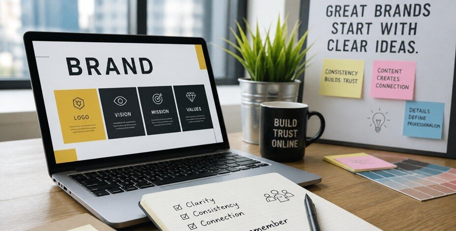 Branding strategy workspace with laptop showing brand identity elements, notes on clarity, consistency and customer connection in a modern office setup