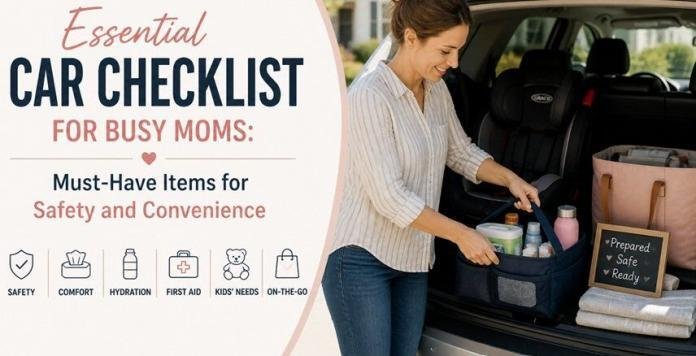 Organized car essentials including safety kit and family items, illustrating a checklist for busy moms to ensure convenience and safety while driving