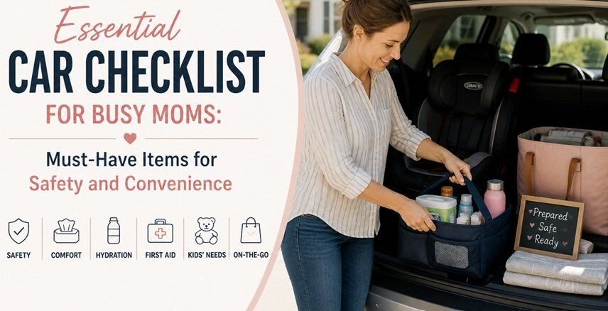 Organized car essentials including safety kit and family items, illustrating a checklist for busy moms to ensure convenience and safety while driving