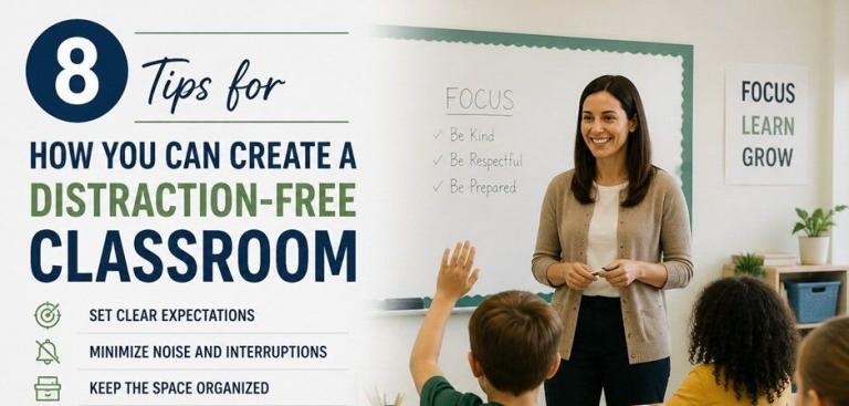 Students focused in a clean and organized classroom environment, illustrating distraction-free learning and effective classroom management strategies
