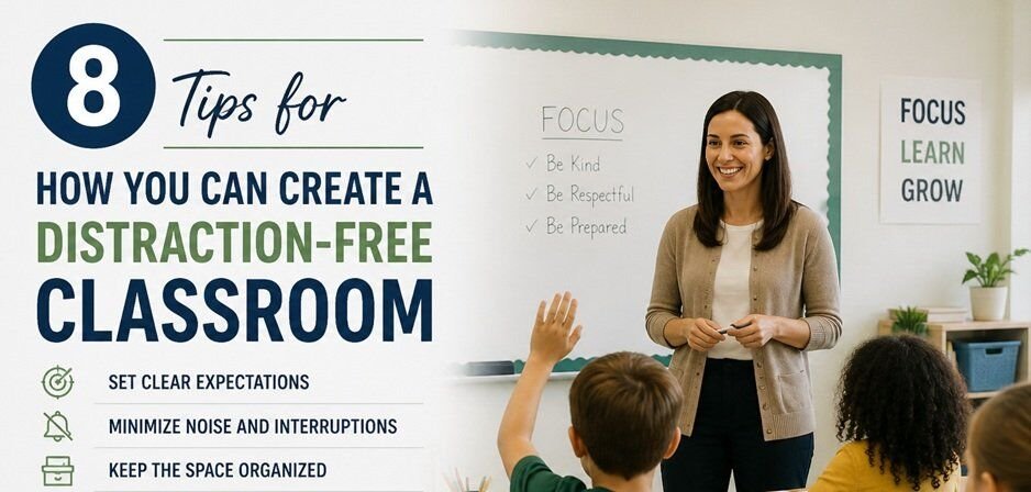 Students focused in a clean and organized classroom environment, illustrating distraction-free learning and effective classroom management strategies