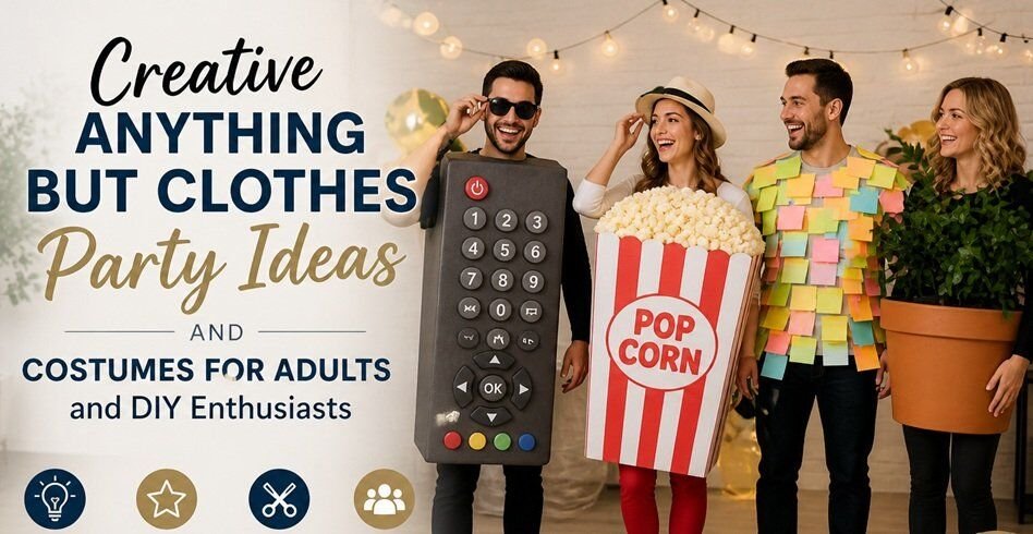 Adults wearing creative DIY “anything but clothes” costumes made from unconventional materials, showcasing fun party ideas and unique outfit inspiration
