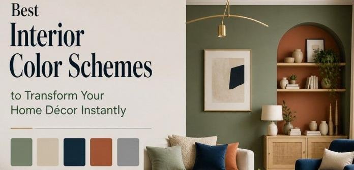 Elegant living room interior featuring a harmonious color palette with sage green walls, beige sofa, navy and terracotta accents, wooden furniture, and soft natural lighting, creating a warm and stylish home décor setting.