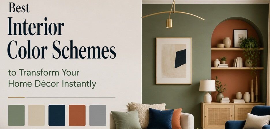 Elegant living room interior featuring a harmonious color palette with sage green walls, beige sofa, navy and terracotta accents, wooden furniture, and soft natural lighting, creating a warm and stylish home décor setting.