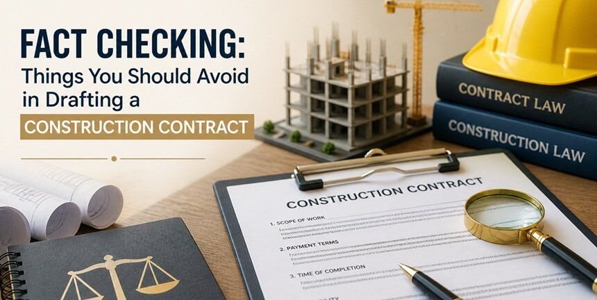 Construction contract document on a desk with safety helmet, building model, and magnifying glass, representing careful review and legal accuracy.