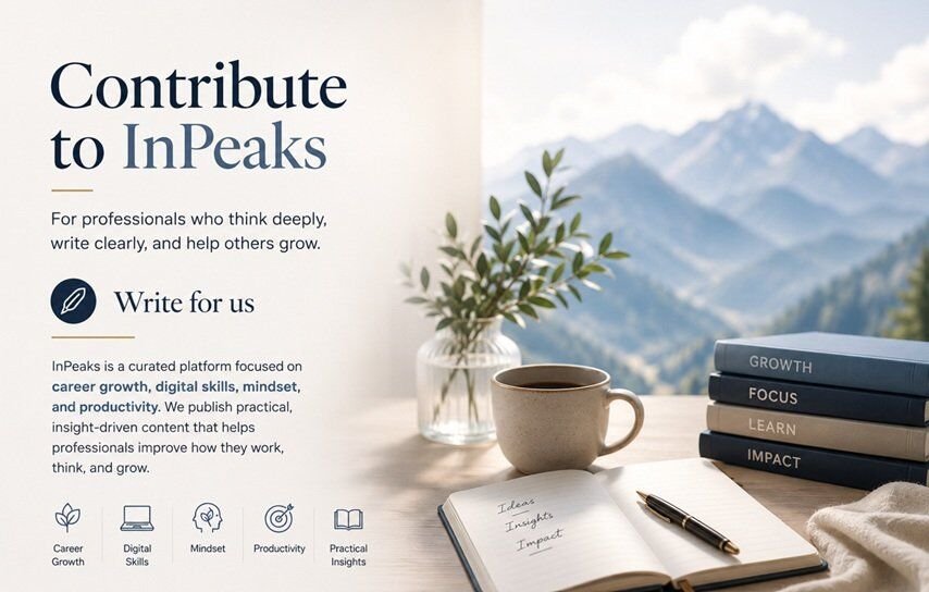 Elegant featured image for the “Contribute to InPeaks” page showing a calm professional workspace with books, coffee, notebook, and mountain scenery in soft natural light. The design highlights career growth, digital skills, mindset, productivity, and thoughtful writing in a clean and modern editorial style.