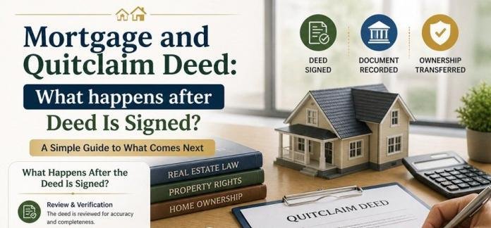 Signing mortgage and quitclaim deed documents during a real estate closing, illustrating property ownership transfer and legal steps after the deed is signedSigning mortgage and quitclaim deed documents during a real estate closing, illustrating property ownership transfer and legal steps after the deed is signed