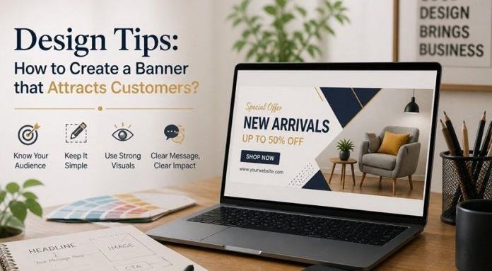 Modern creative workspace with a laptop displaying a banner design, alongside sketch notes, color swatches, and design tools in a clean, professional setting.