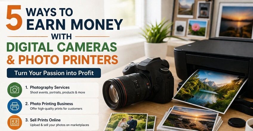 Photographer using digital camera and photo printer to create and sell prints, illustrating ways to earn money through photography and printing business