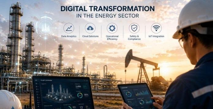 Digital transformation in the oil and gas industry using software development, data analytics, IoT technology, and smart energy management systems.