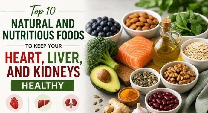 Assorted healthy foods including salmon, avocado, broccoli, nuts, berries, olive oil, and beans arranged on a table, representing natural nutrition for heart, liver, and kidney health.