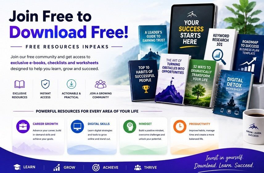Modern featured banner for “Free Resources Inpeaks” with the headline “Join Free to Download Free!” alongside colorful 3D ebook mockups covering career growth, productivity, mindset, and digital skills. The clean white and purple design includes motivational visuals, minimal icon cards, and a professional self-improvement theme.