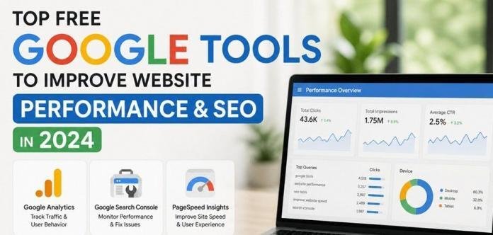 Google SEO tools dashboard with analytics and performance charts, illustrating free tools to improve website performance and search engine optimization in 2024