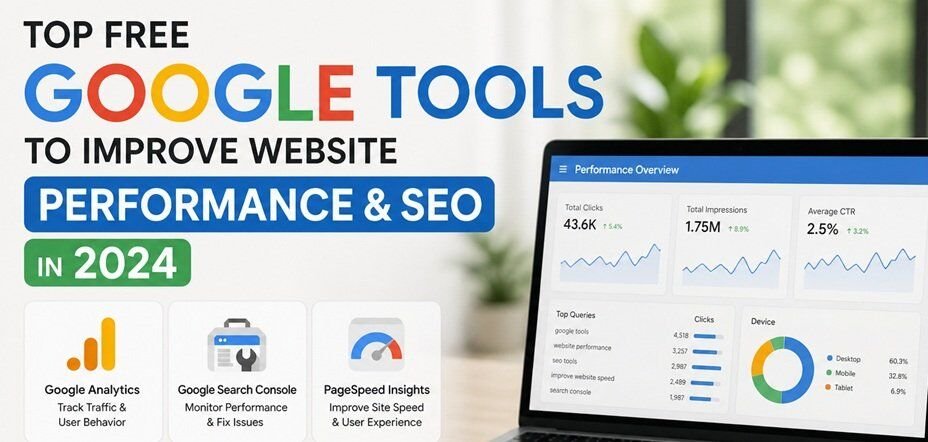 Google SEO tools dashboard with analytics and performance charts, illustrating free tools to improve website performance and search engine optimization in 2024
