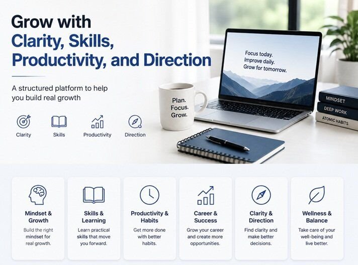 Elegant featured image for a professional growth blog showing a clean modern workspace with a laptop, books, notebook, and soft natural lighting. The design highlights clarity, skills, productivity, and direction with a calm blue-and-white aesthetic that reflects learning, focus, career growth, and personal development.
