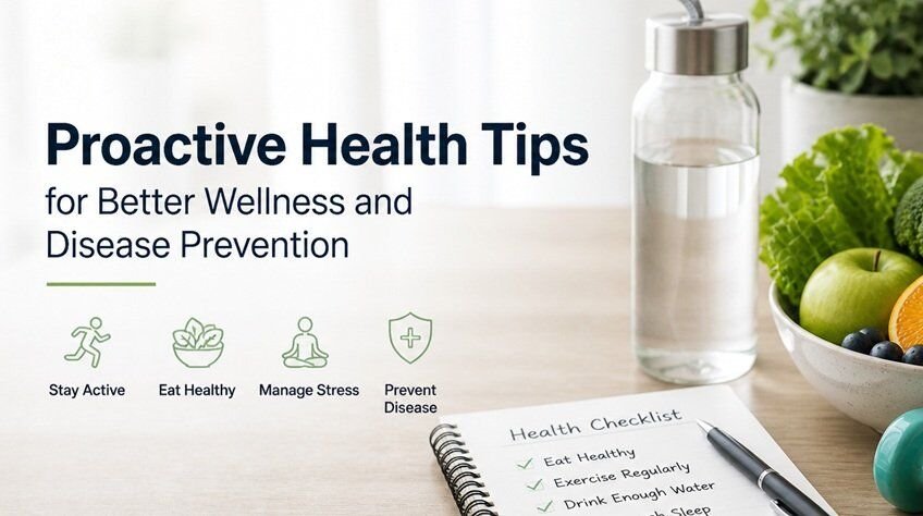 Healthy lifestyle setup with fresh fruits, water bottle, fitness weights, and a wellness checklist in a bright, minimalist setting.