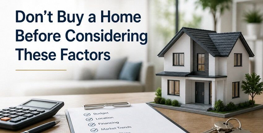 Modern home buying scene with a miniature house, keys, calculator, and checklist on a desk in a bright, minimalist living space.