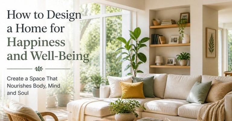 Bright, cozy living room with natural light, indoor plants, and warm minimalist decor creating a calm and uplifting home environment.