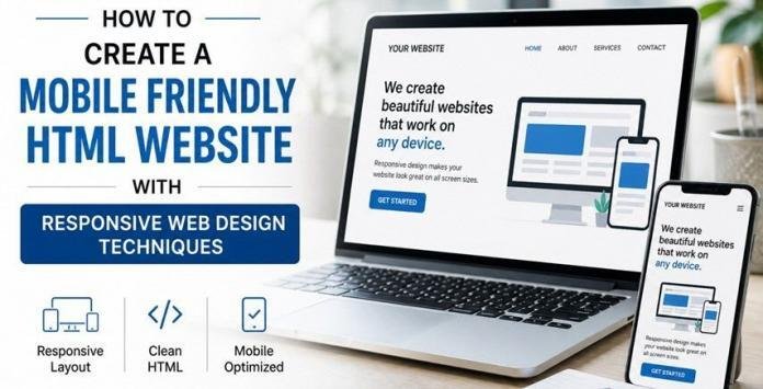 Responsive HTML website design shown across laptop, tablet, and smartphone, illustrating mobile-friendly web design techniques and modern coding practices