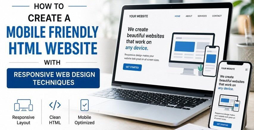 Responsive HTML website design shown across laptop, tablet, and smartphone, illustrating mobile-friendly web design techniques and modern coding practices