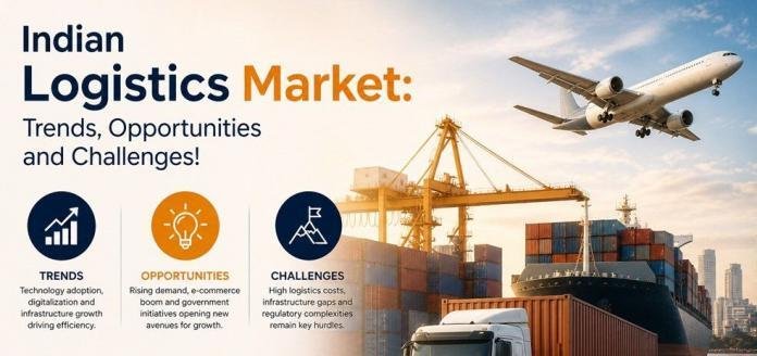 Indian logistics and supply chain operations with trucks, warehouses, and cargo shipping, illustrating market trends, opportunities, and challenges in India