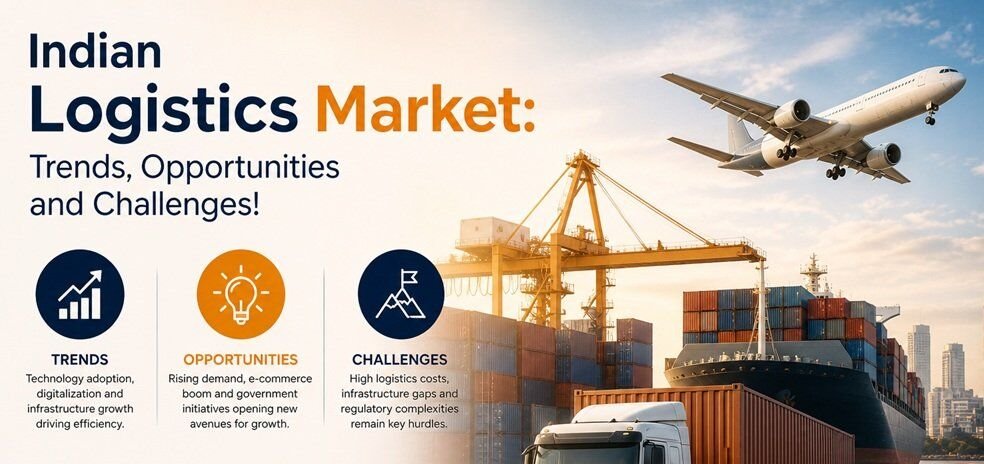 Indian logistics and supply chain operations with trucks, warehouses, and cargo shipping, illustrating market trends, opportunities, and challenges in India
