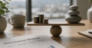 Elegant still-life of a balanced investment strategy featuring stacked stones and coins on a wooden desk, with soft natural light, financial charts, and a calm modern workspace symbolizing stability, diversification, and resilience in uncertain markets.