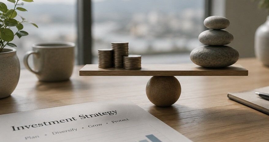 Elegant still-life of a balanced investment strategy featuring stacked stones and coins on a wooden desk, with soft natural light, financial charts, and a calm modern workspace symbolizing stability, diversification, and resilience in uncertain markets.