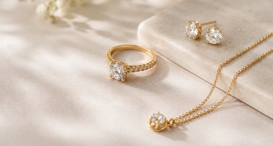 Elegant jewelry product photography featuring a gold ring, necklace, and earrings on a soft neutral background with warm natural lighting
