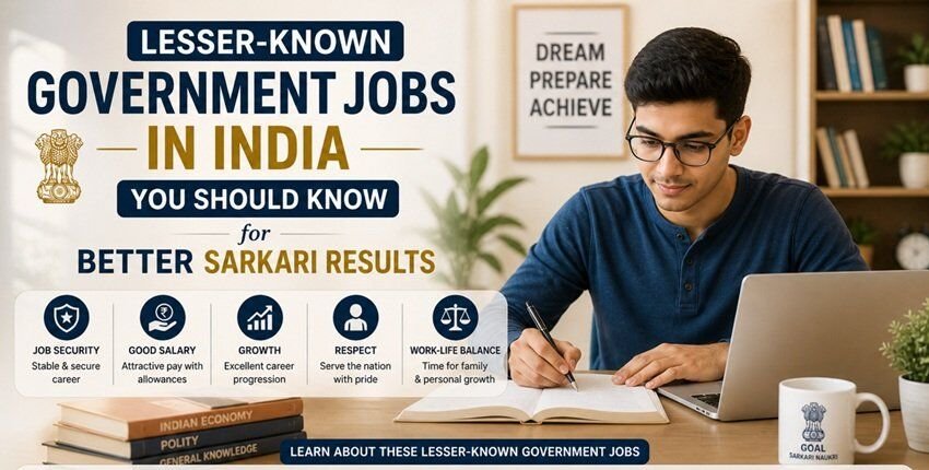 Students preparing for government jobs in India with study materials and laptop, highlighting lesser-known sarkari job opportunities and exam preparation for better results