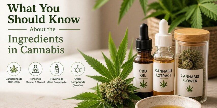 Cannabis leaves, dried buds, and small glass dropper bottles arranged on a clean surface, creating a natural and educational scene about cannabis ingredients and extracts.