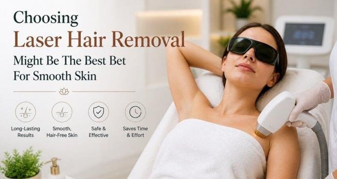Woman receiving laser hair removal treatment in a clean, modern spa setting, highlighting smooth skin and professional care.
