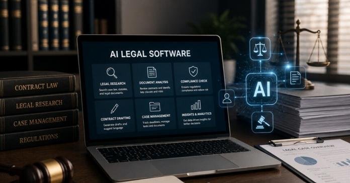 AI legal software interface on laptop with legal books, gavel and digital analytics icons representing automation in legal research, drafting and compliance