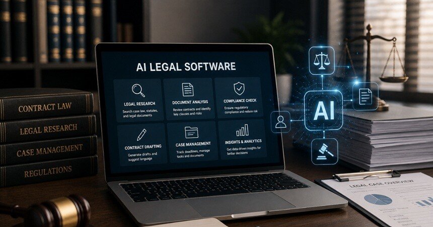 AI legal software interface on laptop with legal books, gavel and digital analytics icons representing automation in legal research, drafting and compliance