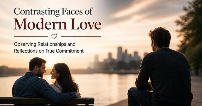 Couple sitting together and a solitary person by a waterfront at sunset, symbolizing contrasting perspectives on modern love and commitment.