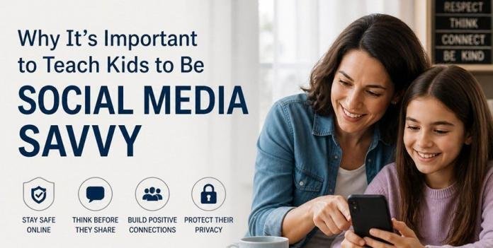 Parent guiding a child using a smartphone in a calm home setting, highlighting safe and responsible social media use.