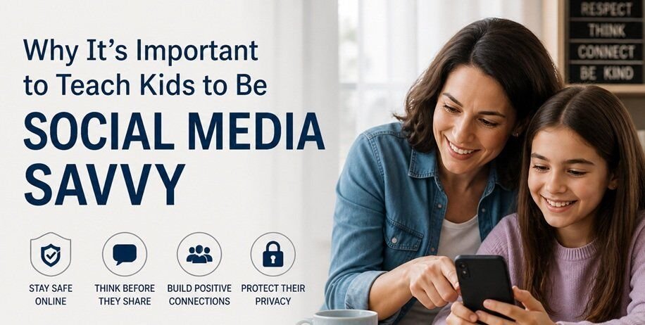 Parent guiding a child using a smartphone in a calm home setting, highlighting safe and responsible social media use.
