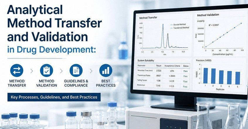 Modern pharmaceutical laboratory scene with analytical equipment and a monitor displaying chromatograms and validation data, alongside neatly arranged glass vials and lab instruments, conveying precision and drug development processes.