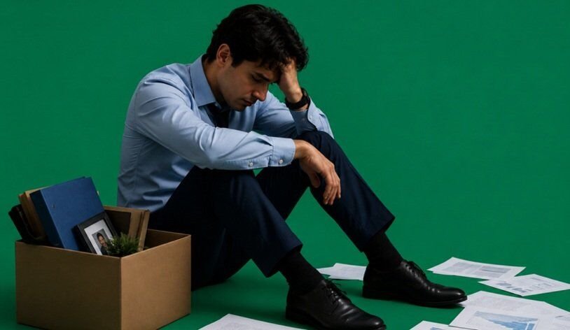 Professional man sitting on the floor beside a cardboard box with office belongings, appearing stressed after job loss or workplace setback against a green background.