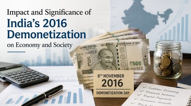 Desk with Indian currency notes, calculator, coins, and financial charts representing the economic impact of the 2016 demonetization.