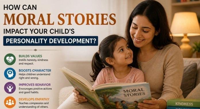 Parent reading moral stories to child, illustrating how storytelling supports personality development, values, and emotional growth in children