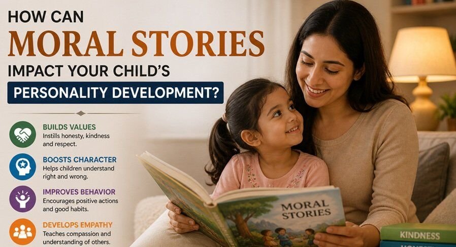 Parent reading moral stories to child, illustrating how storytelling supports personality development, values, and emotional growth in children