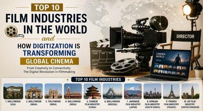 Global film industry and digital cinema transformation with cameras, editing technology, and theater experience representing top film industries and digitization in filmmaking