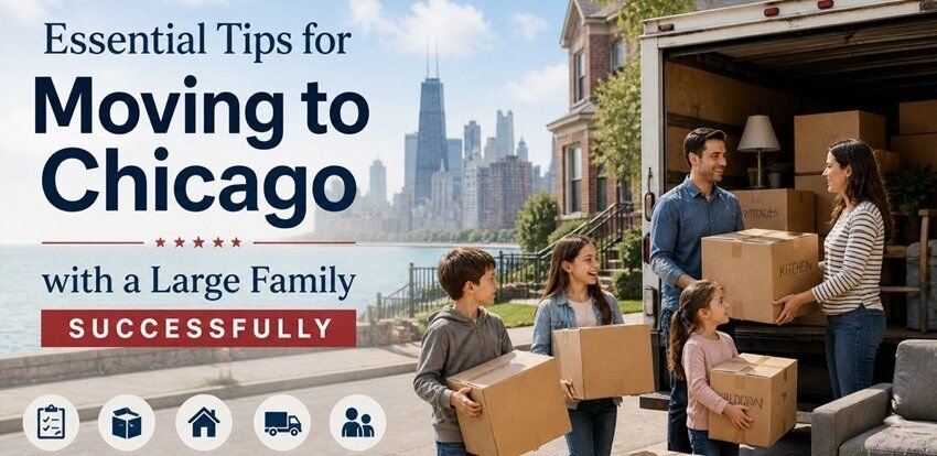 Happy family with children unloading moving boxes from a truck outside a home, with a soft Chicago skyline in the background, creating a warm and welcoming relocation scene.